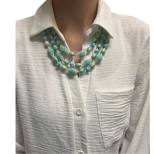 VTG Aquamarine Three Strand Beaded Necklace Statement Fashion Jewelry